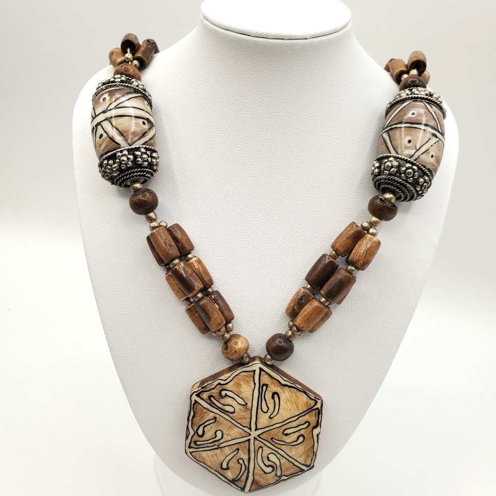 Vintage Tribal Pendant Necklace Painted Beads Silver Tone Statement 28"